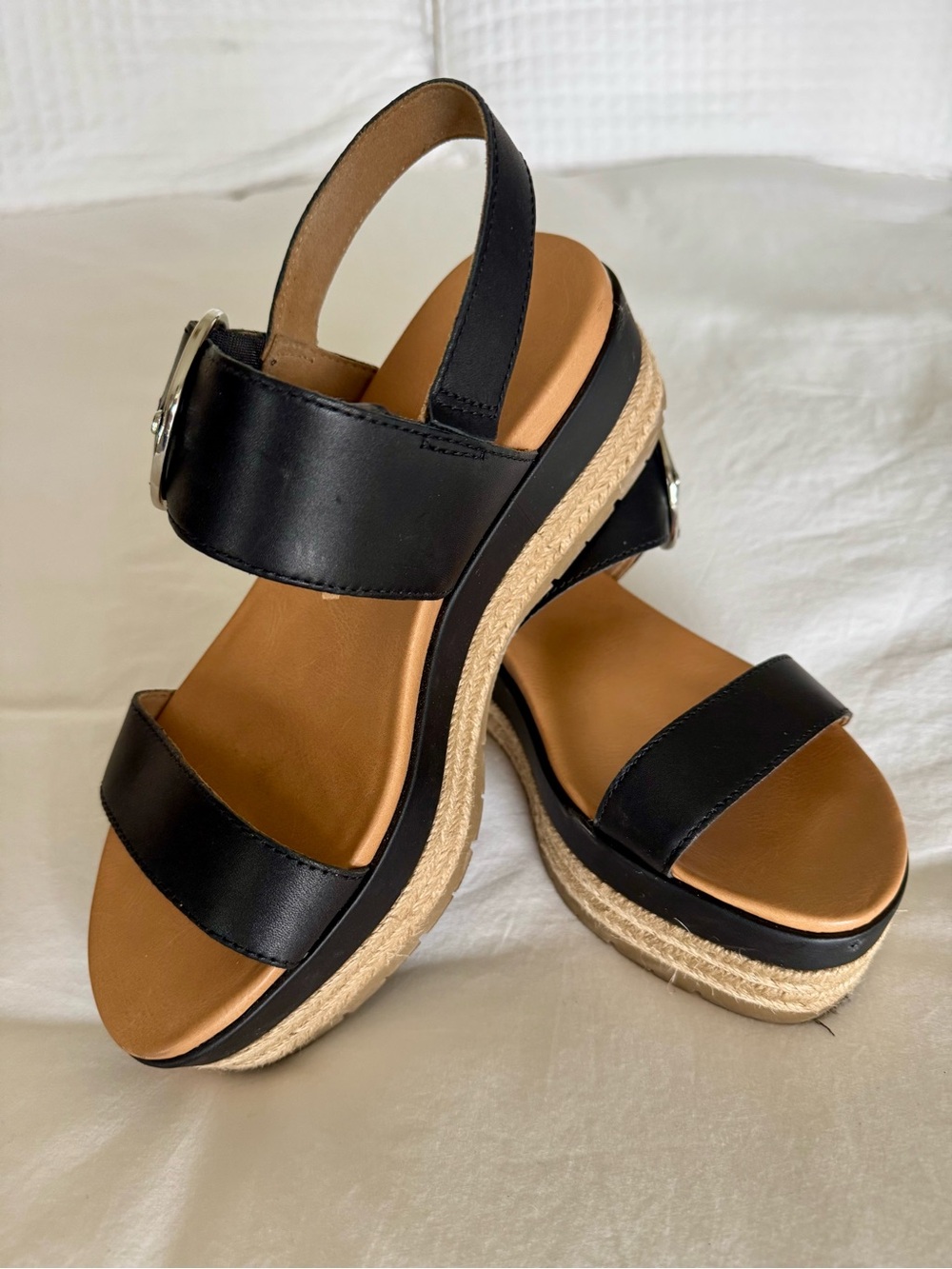 UGG Black Leather Platform Espadrille Sandals
